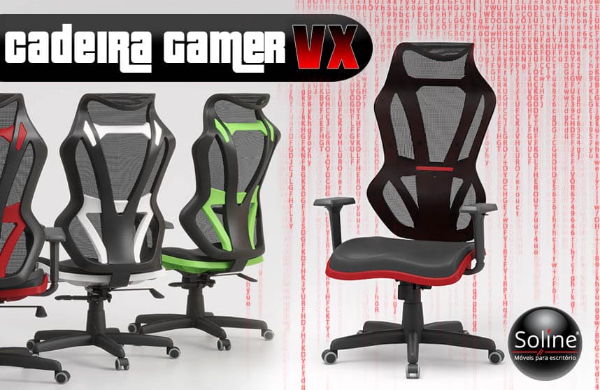 Cadeira gamer vx, nova linha de cadeiras gamer para o mercado com um ponto positivo a ergonomia que e fundamental para quem passa muito tempo jogando, confira soline mvoeis qualidade de moveis para escritório e uma grande variedade de cadeiras para escritório que se adequa a o seu conforto e deigner.